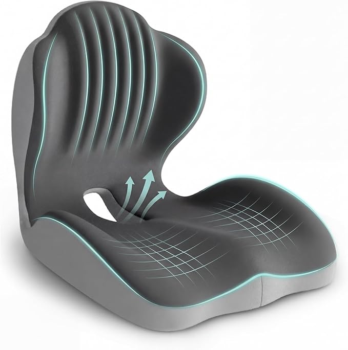 Seat Cushion, Office Chair Seat Cushions with L-Shaped Ergonomic Design, Memory Foam Seat Cushion with Coccyx Hollow, Lumbar Support Pillow & Tailbone Pain Relief for Long Sitting (Grey)