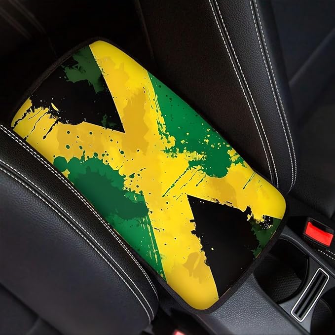 Auto Center Console Pad, Universal Car Armrest Seat Box Cover,Jamaican Flag Auto Armrest Cover Protector for Most Vehicle, SUV, Truck