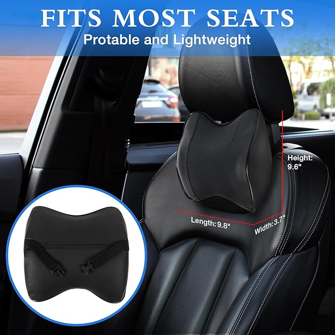 2 Pack Car Neck Pillow, Softness Leather Car Headrest Pillow, 100% Memory Foam and Breathable Removable Cover, Neck Support Head Pillow for Ergonomic Design (Black)