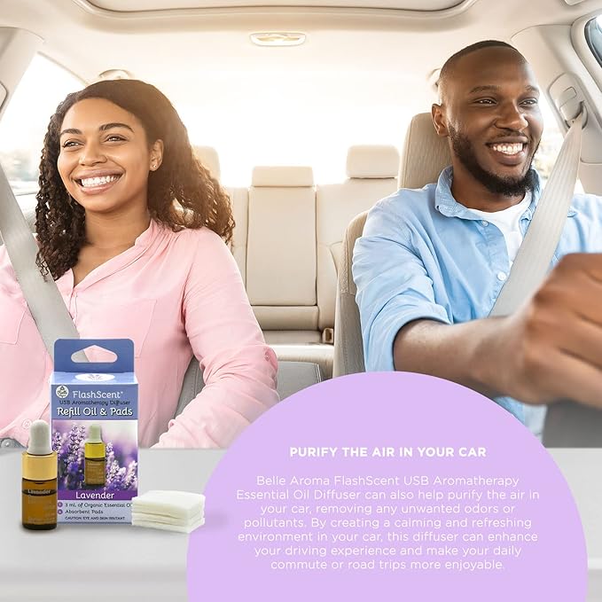 FlashScent USB Aromatherapy Essential Oil Diffuser for Home, Work, Car Refill Kit - Includes 2.5mL Bottle of 100% Pure Lavender Essential Oil and 4 Scent Pads for Our USB Diffuser