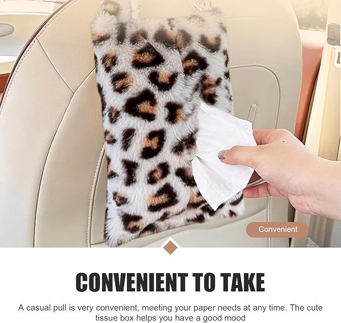 Leopard Print Car Tissue Bag, Cute Plush Hanging Tissue Holder, Multi-Functional Car Backseat Hanging Storage Bag, Universal for Small-Size Tissues (Gray)
