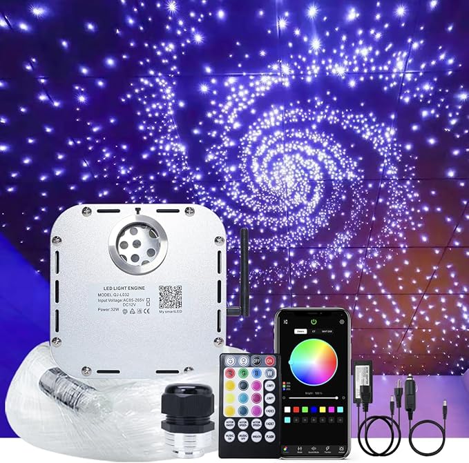 AKEPO 32W APP Twinkle Fiber Optic Lights Kit Music Activated RGBW Star Ceiling Sky Light, 1000pcs 16.4ft/5m 0.03in/0.75mm Optical Fiber Cable + 28key Remote + Crystals for Car & Media Room Decor