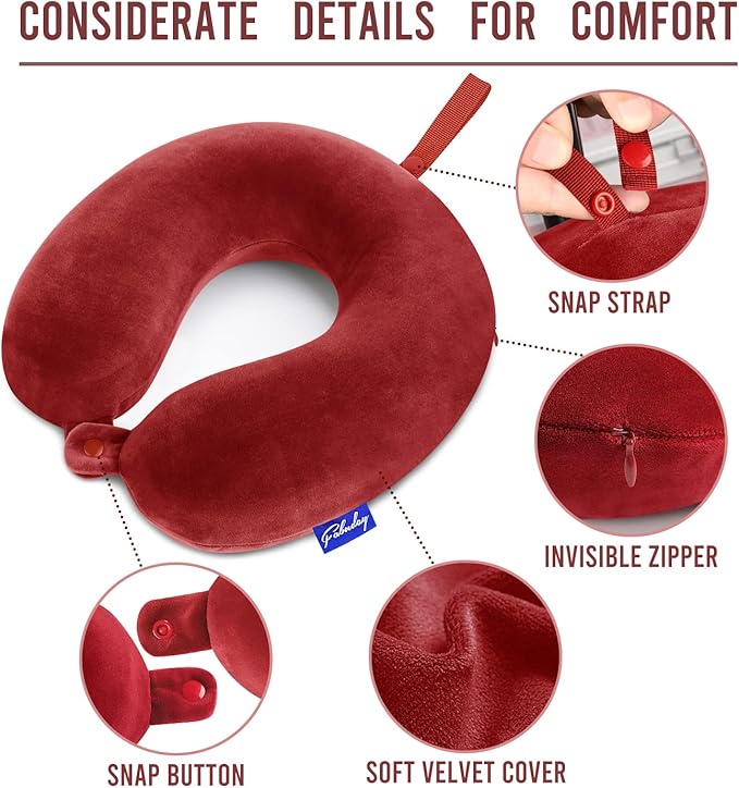 Fabuday Neck Pillows for Travel - Airplane Pillow for Long Flight with Attachable Snap Strap Washable Cover, Memory Foam Travel Rest Pillow for Airplanes, Plane, Neck Support for Adults Red