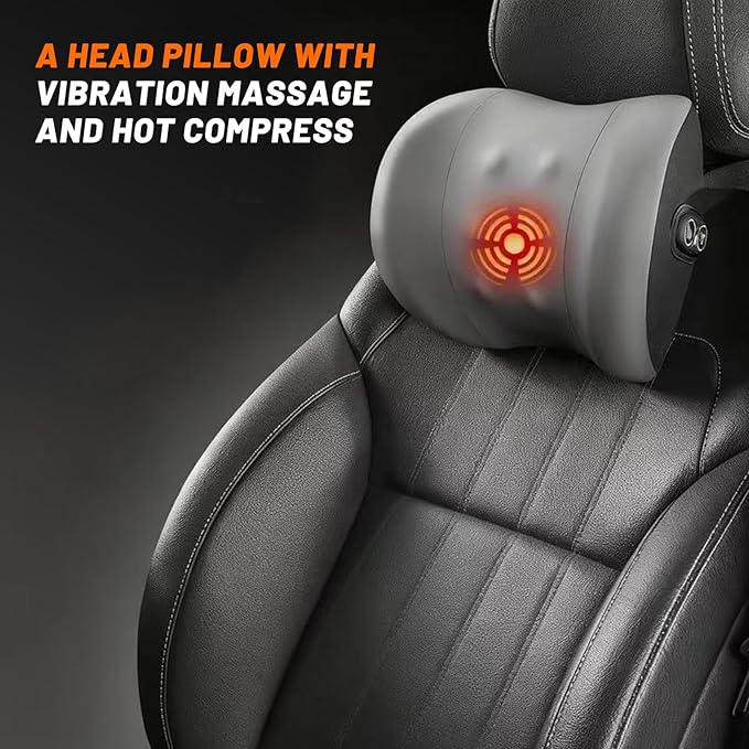 car headrest Pillow,Heat up Vibration Massage Neck Pillow,Memory Cotton Pillow,Neck Support for Office Chair,car seat Neck Pillow,Suitable for Driving, Home, Office Gray