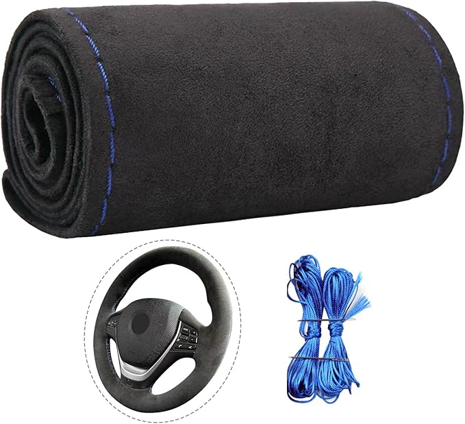 Suede Leather Steering Wheel Cover Wrap Kit - DIY Stitch-On for 15-16" Wheels, Superior Sweat Absorption & Non-Slip Grip, Comfortable & Durable Year-Round Upgrade