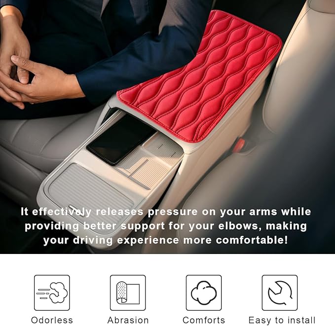 Car Center Console Cushion Pad, 12.48×7.40 Inches Waterproof Car Armrest Seat Box Cover, Comfortable PU Leather Vehicle Armrest Cover Protector, Car Decor Interior Accessories (Red＋Black)