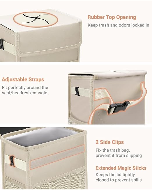 Capolo Car Trash Can with Lid, Leakproof Car Trash Bag Hanging Waterproof Automotive Garbage Can with Storage Pockets Mini Vehicle Trash Bin for Back/Front Seat(Beige,3 Gallon)