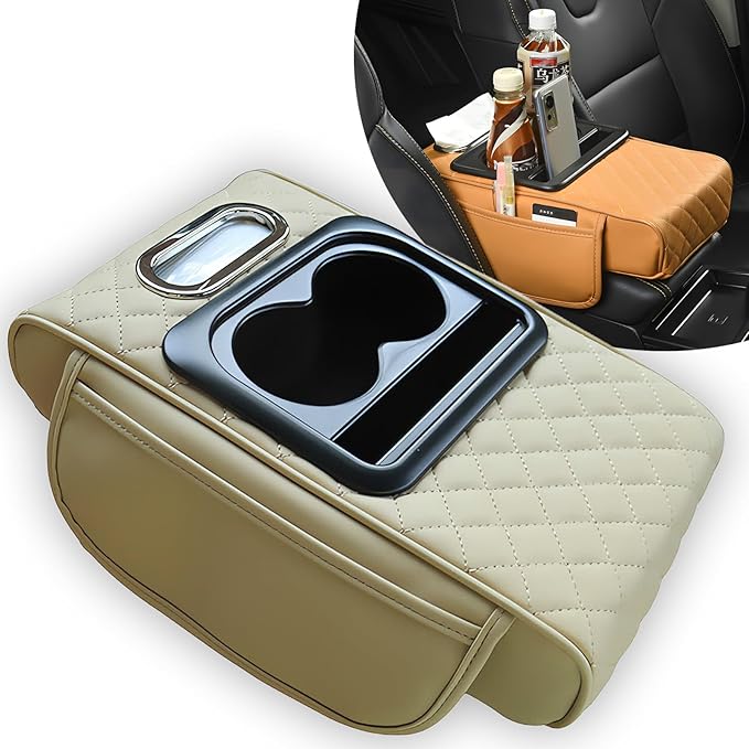 Multifunctional PU Leather Car Armrest Box Mat, 5-in-1 Multifunctional Car Armrest Cushion, Center Console Cover with 2 Cup Holder, For Storing Tissues, Phones, Wallets, Drinks, for Most Cars (Beige)