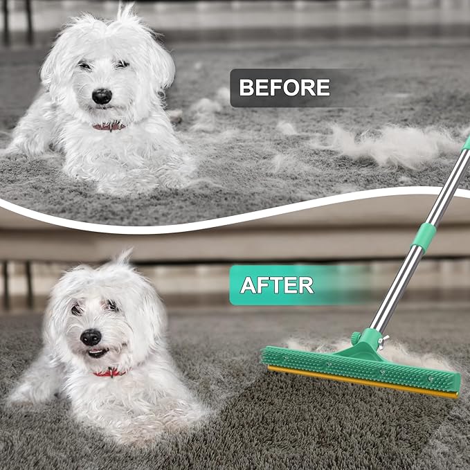Carpet Rake for Pet Hair Removal, Reusable Pet Hair Remover Broom, 60'' Adjustable Long Handle Dog and Cat Hair Remover Tool Set of 3, Lint Remover Scraper for Carpets, Rugs, Mats, Couch, Car