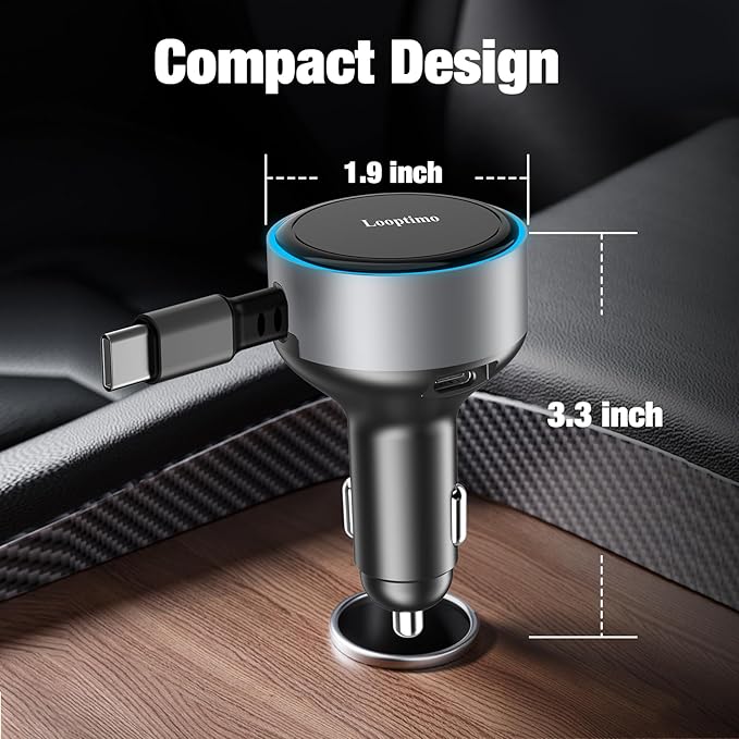 Retractable Car Charger USB C, 90W Phone Cigarette Lighter Adapter USB-C Fast Charging Plug Car Accessories for iPhone 17 16 15 Pro Max, iPad, Android, Built-in Type-C Cable, Gifts for Women Men