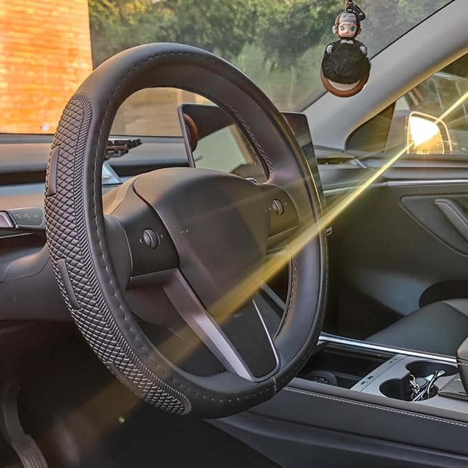 D Shape Steering Wheel Cover for Tesla Model 3 / Y, for Camaro, 14-14.25 Inch Black Leather Car Wheel Cover for Men Women