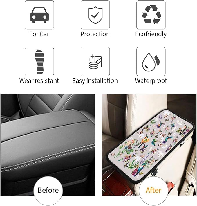 Hummingbird Butterfly Car Handrail Box Cushion Armrest Cover Auto Center Console Pad Car Decor 12.6X7.5 in