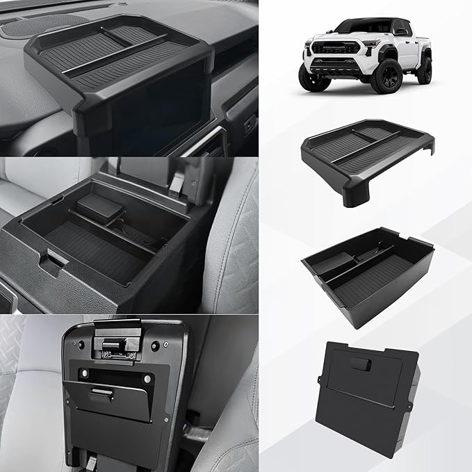 Muslogy Center Console Organizer for 2024 2025 2026 Toyota Tacoma 4th Gen Accessories Interior Storage Box Insert Tray Phone Pocket(Dash Tray for 8-inch Screen+Console Organizer+Hidden Box)