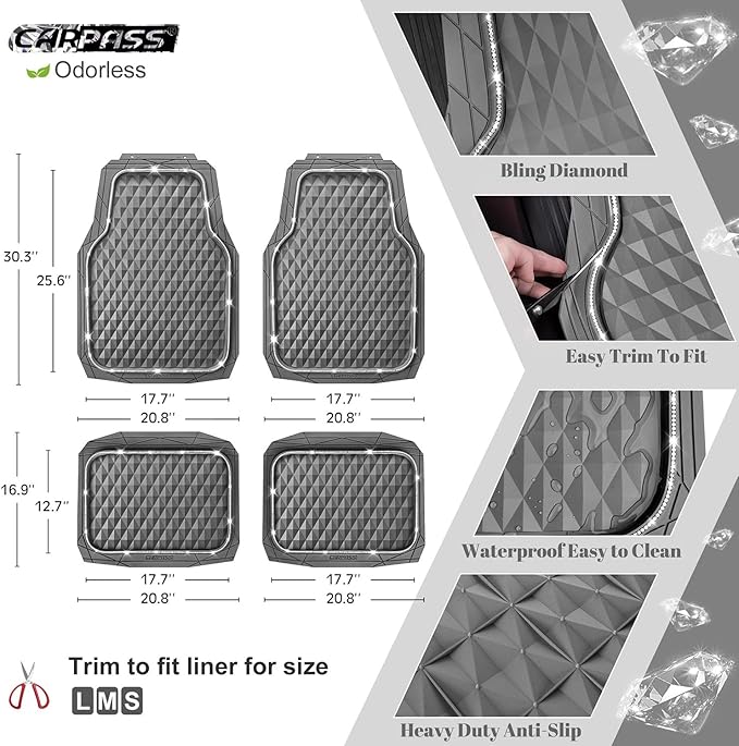 CAR PASS Bling Diamond Rubber Car Mats, Heavy Duty Deep Dish All-Weather Floor Mat Full Set Anti-Slip 3D Rhombus Waterproof Trim Fit Liner Universal Glitter Sparkly Shining Rhinestone, Gray Rubber