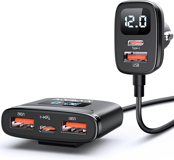 kapebow 78W Fast Charging USB C Car Charger, 5 Port Car Phone Charger with Voltage Display, 5FT Extention PD&QC 3.0 Type C Car Charger for Back Seat for iPhone iPad Samsung Pixel Phones