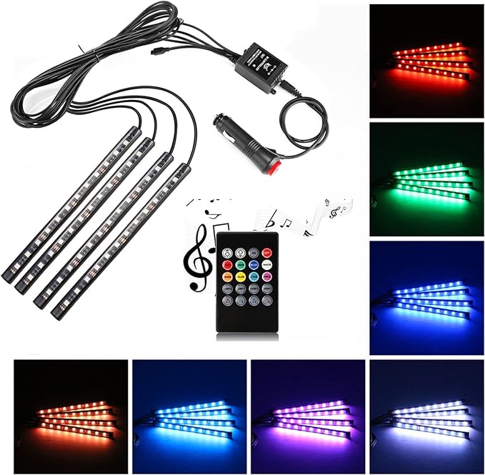 Car LED Strip Light,Uniwit 4 Pieces DC 12V Multicolor Car Interior Music Light LED Underdash Lighting Kit with Sound Active Function and Wireless Remote Control Including Car Charger