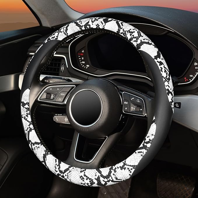 ZHOL Snake Skin Steering Wheel Cover Leather 14.5-15 Inch, Reversible Car Steering Wheel Cover for Women Men, Anti-Slip Design, Universal Fit for Cars, SUVs, Black&White