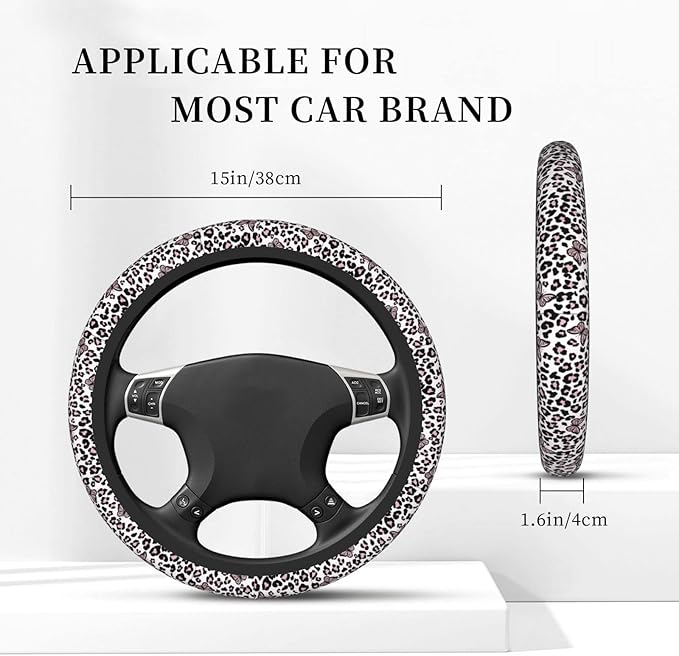 Black And White Leopard Print Auto Car Pink Butterfly Steering Wheel Cover Universal 15 Inch Neoprene Interior Decor Protection Accessories