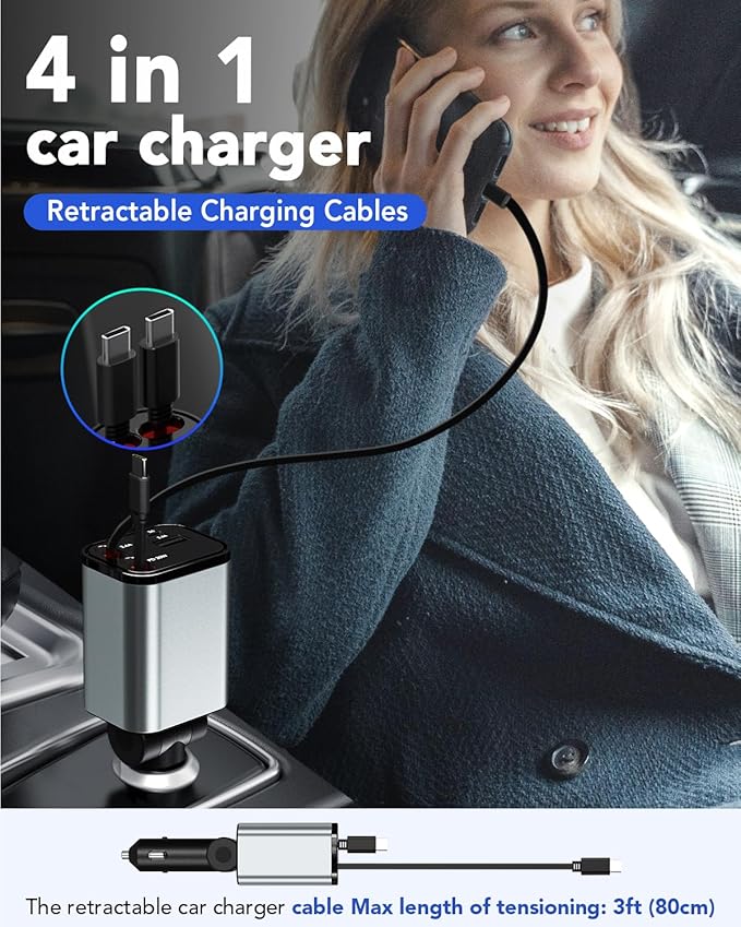 84W Upgraded Retractable Car Charger Adapter for iPhone 17,4 in 1 Fast Charging Car Phone Charger,USB C Car Truck Accessories,Road Trip Essentials Gift for Men for iPhone 17/16/15,Galaxy S26,Pixel 10
