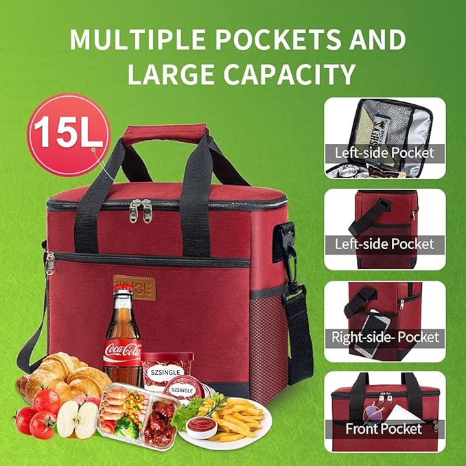 Iknoe Large Cooler Bag Collapsible 24 Can Insulated Bags Leakproof Lunch Cooler Tote with Multi-Pockets for Adult Insulated Thermal Bag for Beach, Picnic, Office Work(Red)