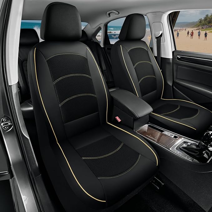 Road Comforts Car Seat Covers, Leather Front Seat Covers with Piping, Air-Cool Mesh Designed, Airbag Compatible Automotive Seat Covers for Most Car, Truck, Van, SUV - Black with Beige Piping