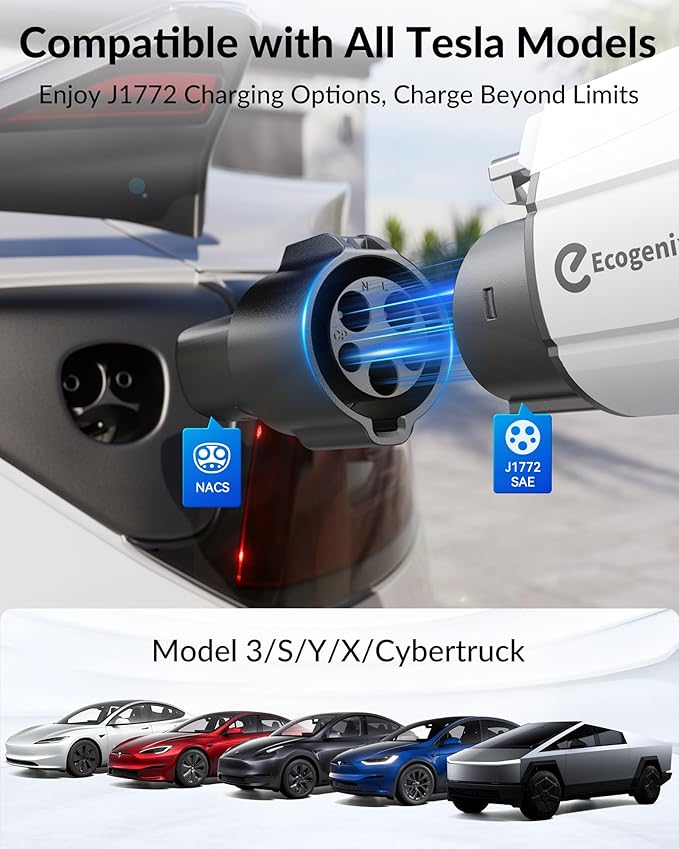 Ecogenix J1772 to Tesla Charger Adapter, Max 80A/250V for Tesla Model Y 3 X S Cybertruck, Tesla Accessories, Connecting to SAE J1772 Charging Stations Fast & Safe Charging for Tesla only