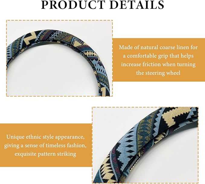 Boho Steering Wheel Cover, 15 Inch Coarse Flax Cloth Ethnic Style Anti-Slip Car Wheel Wrap, Universal Breathable Bohemian Steering Wheel Protector for Cars Vans Trucks (H)