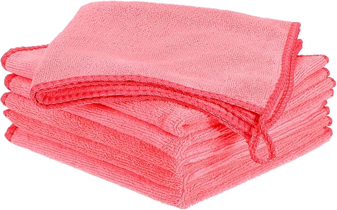 HARFINGTON 6 Pack Microfiber Cleaning Cloth, 10" x 10" Multi-Functional Cleaning Towels Reusable Absorbent Rags with Hook for Car Wash Kitchen Household Window Clean, Rose Red