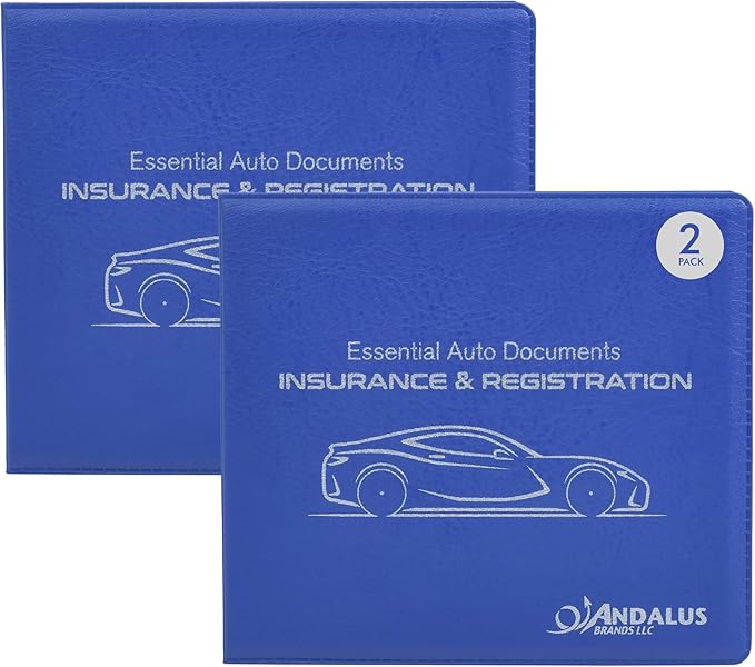 Andalus Auto Registration & Insurance Card Holder Pack of 2, Waterproof Essential Car Registration Holder with Hook & Loop Closure, Perfect for Every Vehicles Glove Boxes (Blue - 5 1/8" x 4 5/8")