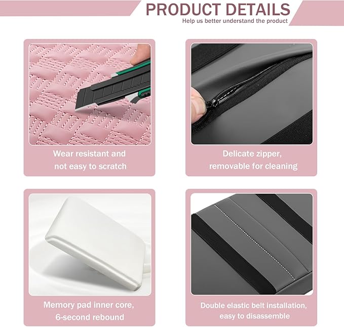 Car Armrest Cushion, 12.2"×8.3" Leather Auto Memory Foam Center Console Pad with Storage Pocket, Waterproof & Anti-Scratch Elbow Pillow Armrest Seat Box Protector, Universal Fit (Pink)