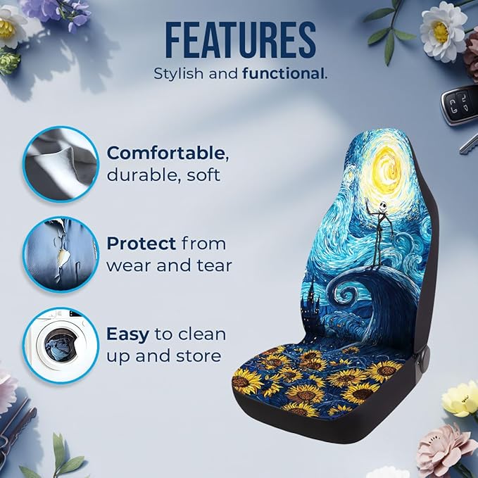 GENANY Nightmare Skeleton Car Seat Covers Set of 2, Starry Night Breathable Front Seat Covers for Truck Sedan SUV, Spooky Car Accessories, Spooky Gift for Women Men
