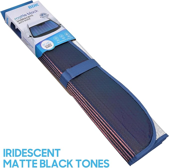 BDK Iridescent Matte Black Front Windshield Sunshade Accordion Folding Style Auto Shade for Car Truck SUV Van Blocks UV Rays Sun Visor Protector Easy Setup Keeps Your Vehicle Cool - 58 x 27 inches