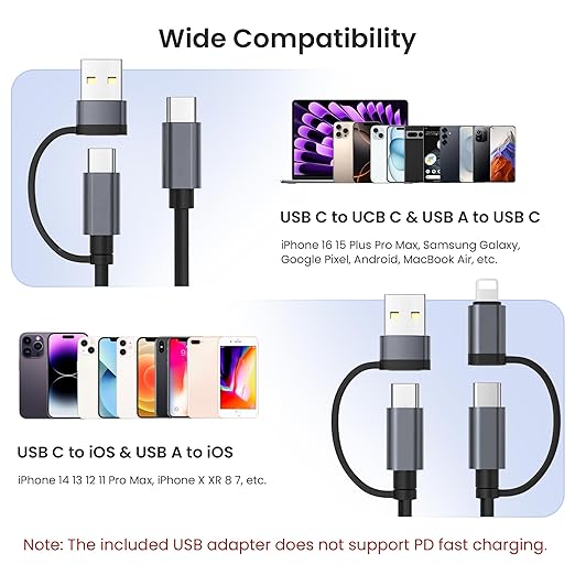 Basesailor 4 in 1 USB C to USBC Coiled Car Charger Cord for iPhone 17 Air 4.6FT,60W Multi Type C Fast Charging Coil Cable with USB and Lightning Adapter for Android Auto,Apple 16 15 Pro Max,S23 S22