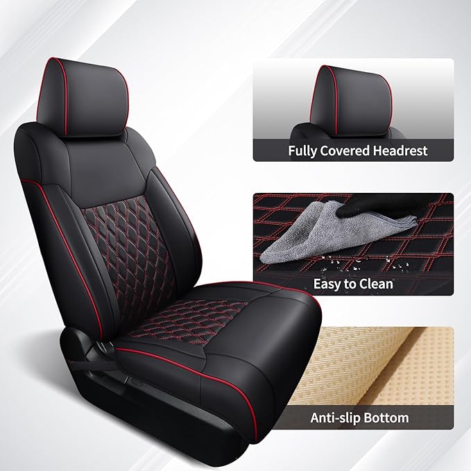 Huidasource Tacoma Seat Covers Front&Rear, Full Coverage Waterproof Car Seat Cover Fit for 2005-2015 Double & Crew Cab 2nd Gen Toyota Tacoma Base Prerunner SR5 Limited TRD Sport(Full Set/Black&Red)