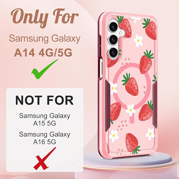 for Samsung Galaxy A14 5G Phone Case - Compatible with MagSafe Women Girls Cute Magnetic Protective Cover Girly Kawaii Strawberry Heavy Duty Shockproof Design for Samsung Galaxy A14 5G Cases