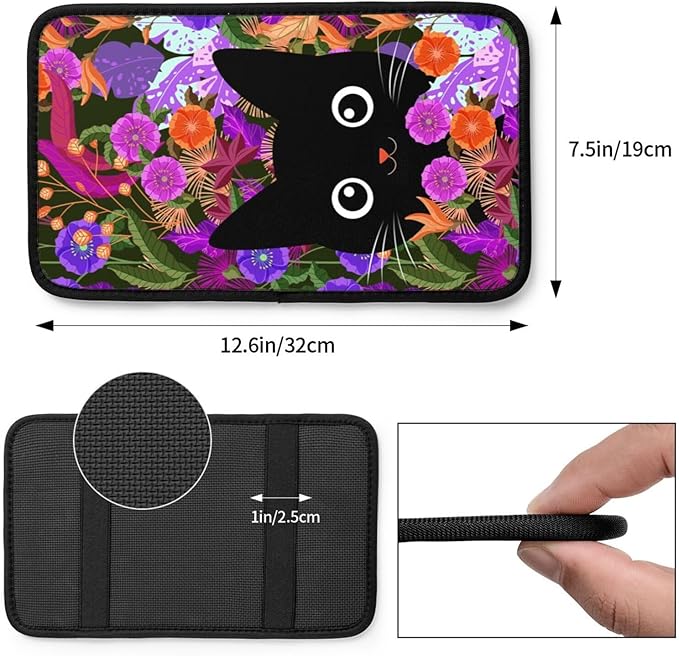 Universal Car Center Console Cushion Pad, Purple Flowers Black Cat Soft Waterproof Car Center Console Cover Auto Armrest Seat Box Cover Protector for Most Vehicle SUV Truck Car