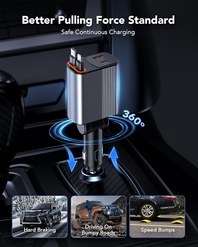 2026 Updated 78W Retractable Car Charger,4-in-1 Car Charger with 2.6ft Dual USB-C & Lightning Cables,2 Ports Car Accessories Fast Charging,180° Rotation Car Charger for iPhone, Samsung,Galaxy, Pixel