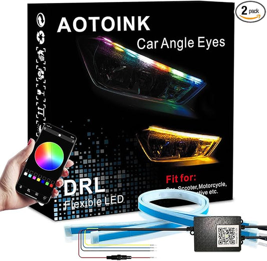 Car Headlight LED Strip, 24Inch RGB Multi Color Headlight Surface LED Daytime Running Lights Flexible DRL Tube Strip Sequential Neon Decorative Switchback Turn Signal Lights APP Contrl 2-Pack