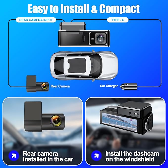 4K+1080P Dash Cam Front and Rear,Dual Dash Camera for Cars with 5.8GHz WiFi GPS,Night Vision,Mini Dash Cam with 3.59" IPS Screen,24H Parking Mode,G-Sensor,Loop Recording,64GB SD Card Included