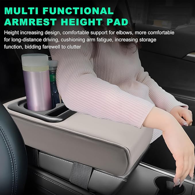 Car Center Console Armrest Pillow, Memory Foam Auto Armrest Box Cover with Cup Holder & Phone Holder, Waterproof Leather Arm Rest Protector Cushion, Interior Car Accessories (Gray)