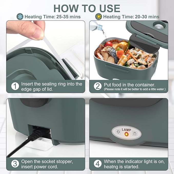 Electric Lunch Box Food Heater, 3 in 1 Ultra Quick Heated Lunch Boxes for Adults, 12V/24V/110V Portable Food Warmer for Car/Truck/Office With Fork Spoon and Insulated Carry Bag