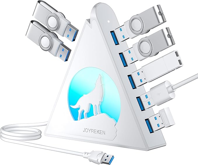 7 Port USB Hub, JoyReken USB 3.0 Hub with 2 FT Long Cable, Vertical USB Extension Hub for Laptop, MacBook, Flash Drive, XPS, PC, Flash Drive, Game Console, Printer, Camera,Keyborad, Mouse (White)