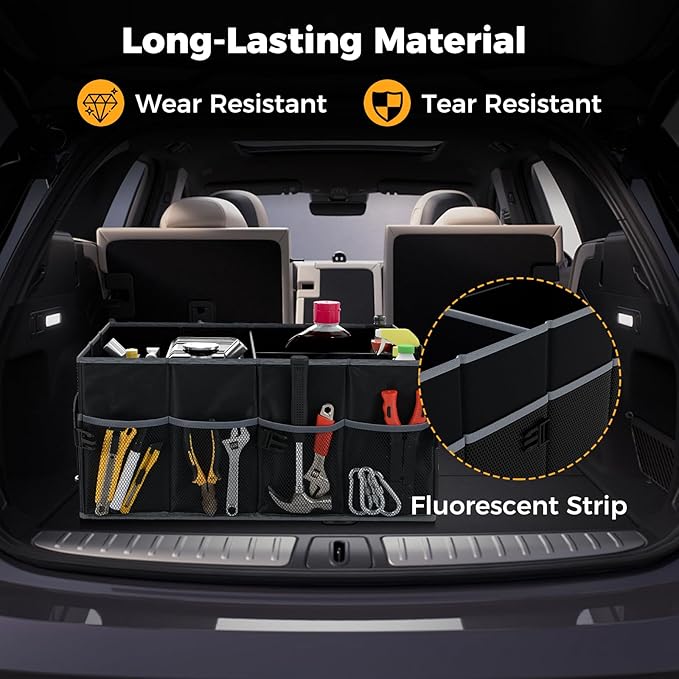 Car Trunk Organizer, 13 Gallon Collapsible Cargo Storage Box with Removable Divider & 6 Pockets, 3-Compatment Trunk Container with Securing Straps & Non-Slip Bottom for SUV, Sedan