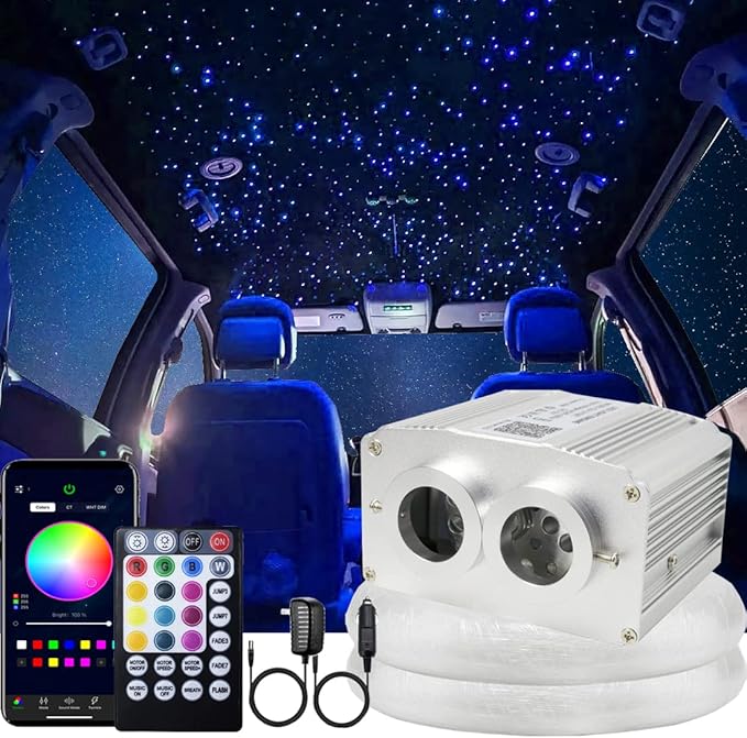 AZIMOM Two Port 16W Twinkle 900pcs Fiber Optic Starlight Headliner Kits 0.03in 9.8ft Fiber Strands Sound Activated Remote APP Control Dual Port Starlight Box Car Home Ceiling Decor