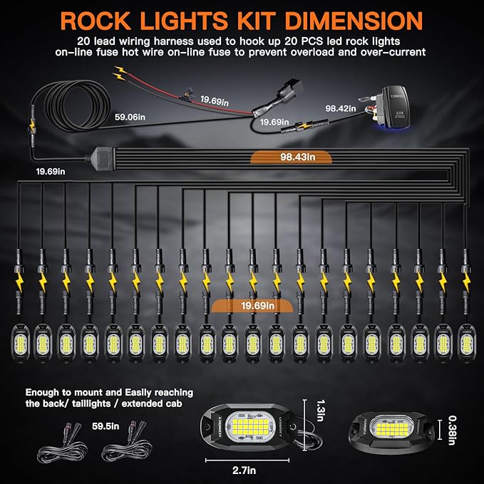 Rock Lights,LEDMIRCY R6 LED Pure White Rock Lights 20PCS with Rocker Switch Wire Harness Kit Super Brigh Luces para Carro for Trucks Off Road ATV SUV High Power Light Waterproof Shockproof
