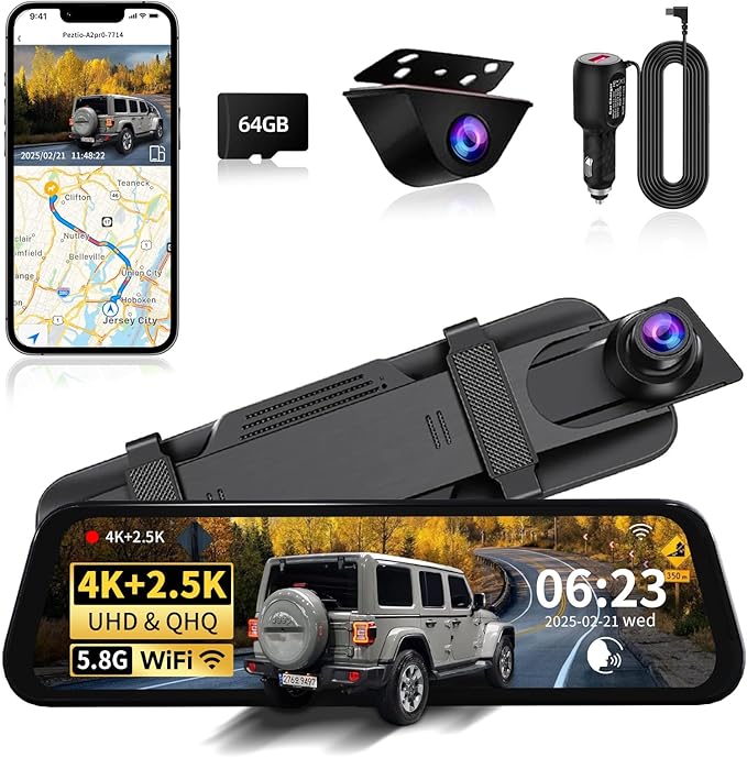 Mirror Dual Dash Camera with Voice Control,4K+2.5K Rear View Mirror Camera with 5.8GHz WiFi and APP Control, WDR Night Vision, Loop Recording, G-Sensor, Parking Monitor 64GB Card Included