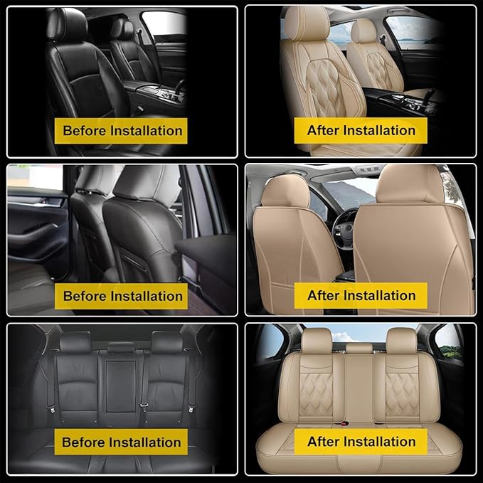 AOMSAZTO Car Seat Covers Fit for Cadillac XT4 2019-2026 Leather Car Seat Cover Seat Cushion Protector Airbag Compatible Waterproof Full Set 5 Seats Beige