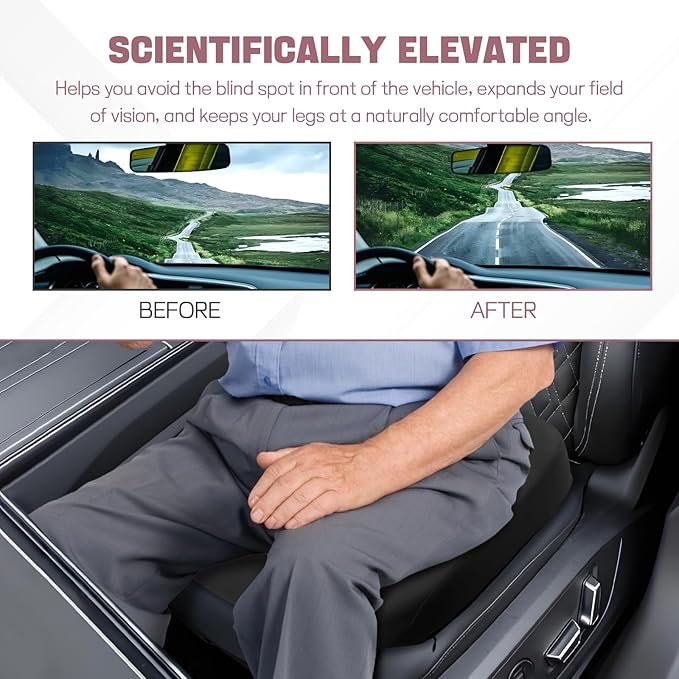Hovom Car Seat Cushion, Wedge Memory Foam Car Cushion for Driving Seats, Non-Slip Adult Booster Seat Cushions Pad for Driver, Raise Height to Improve Driving Vision & Tailbone Pain Relief (Black)