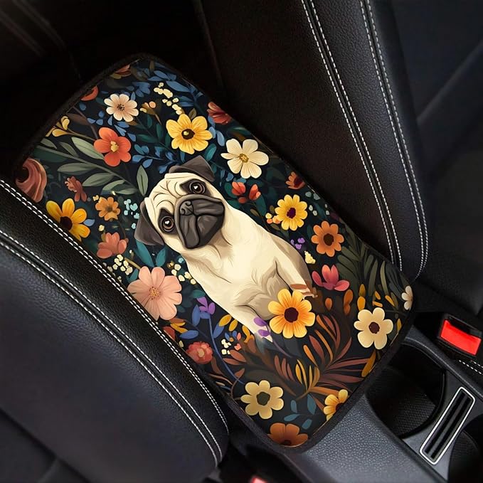 UNICEU Pug Floral Car Center Console Armrest Cover for Women Auto Interior Decor Neoprene Armrest Box Protector Cover Pad, Scratch Proof Non Slip Automotive Armrest Pads