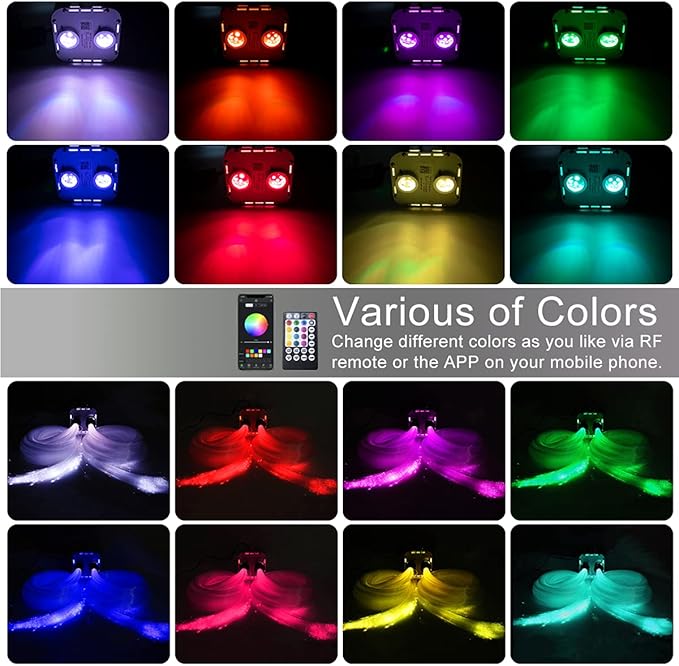 AKEPO 32W RGBW Twinkle+APP+Sound Activated Dual Head Fiber Optic Lights Kit, Star Ceiling Sky Light Total 1110pcs of 16.4ft/5m Mixed Fiber Optic Strands for Home Indoor Decor/Car Headliner Starlight